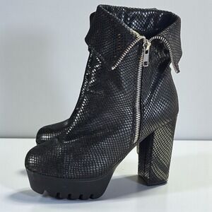 Black Faux‎ Snakeskin Platform Chunky Heel Zipper Ankle Boots Women's Size 8M